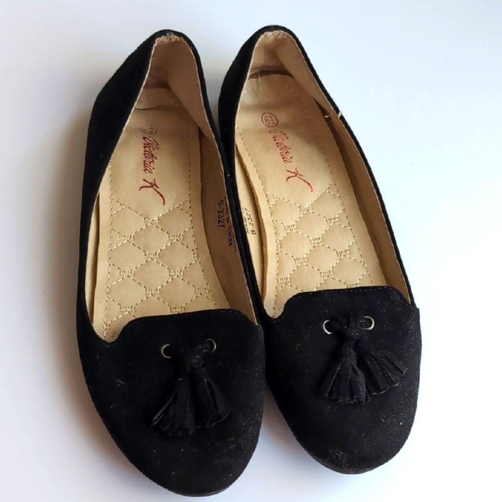 Black Suede Tassel Almond Toe Ballet Flats 6.5